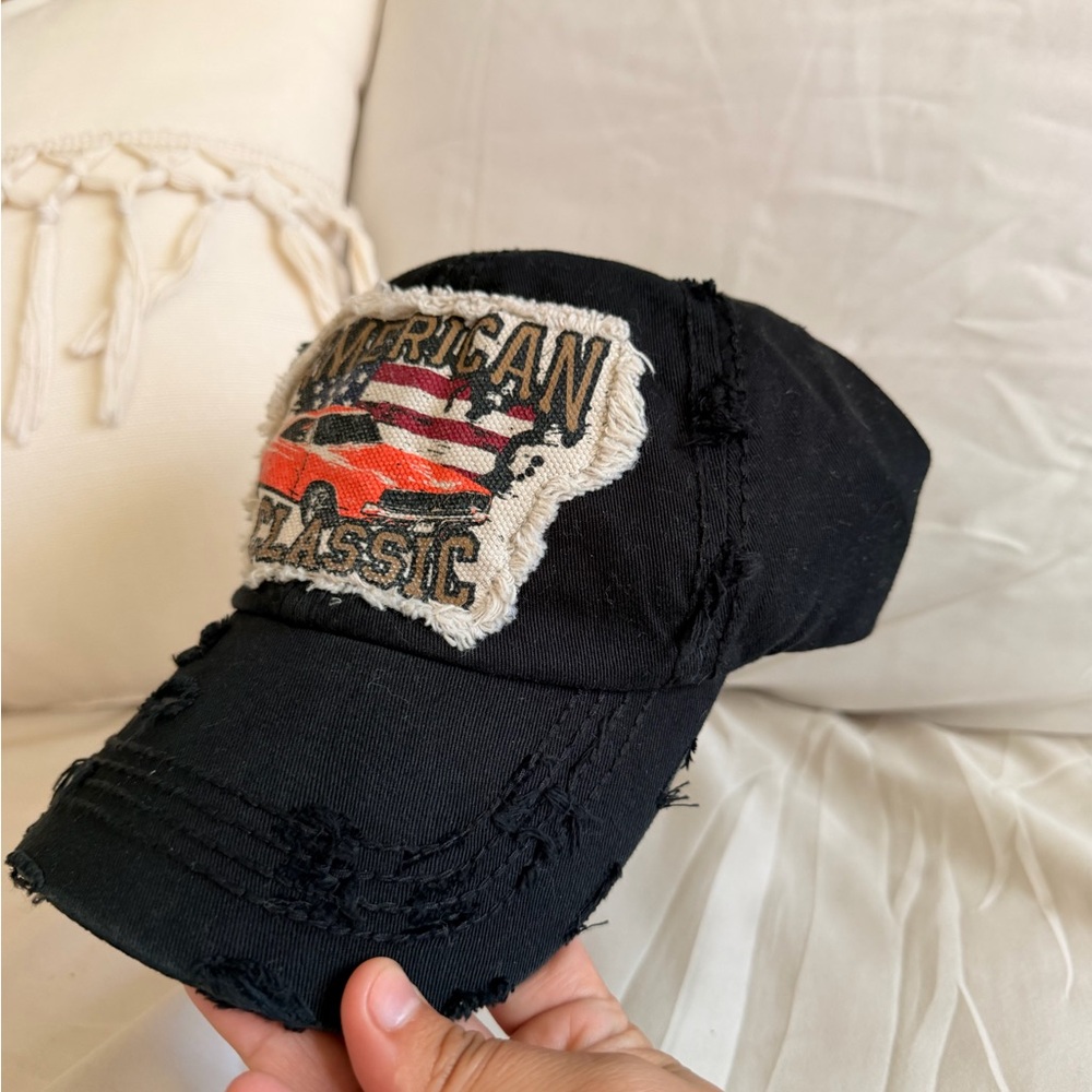 Classic America Cotton Strapback Cap Black With Distress (Unisex) ✨